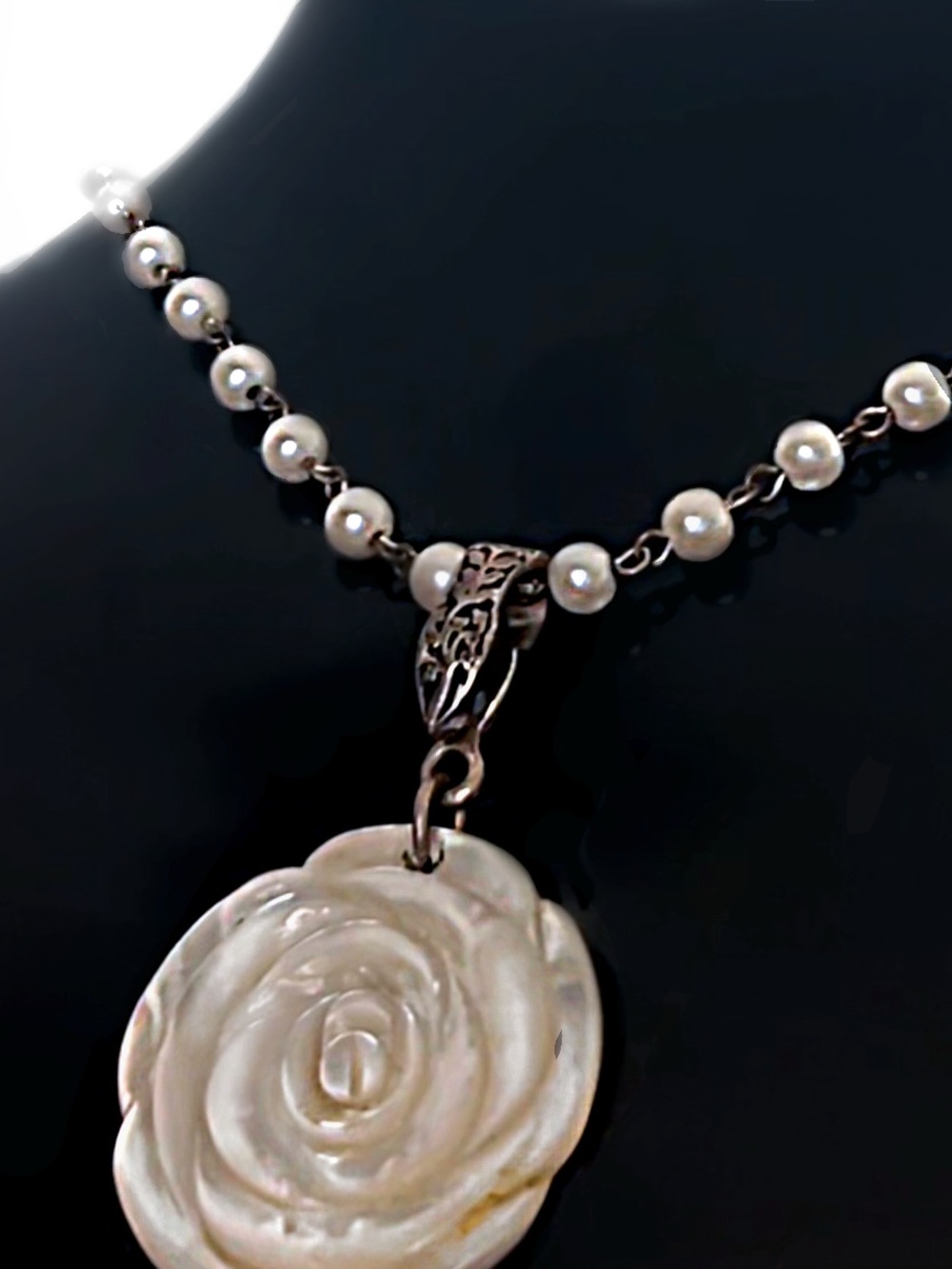 Pearl Bead Necklace with Carved Acrylic White Rose Pendant